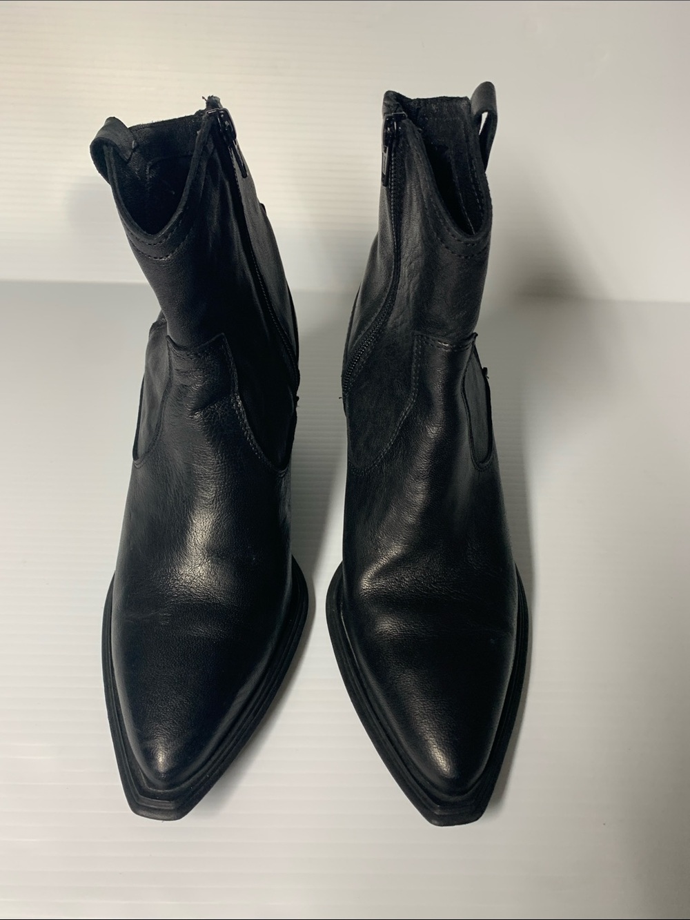 Western Black Leather Pointed Square Toe Zip Ankle Boots